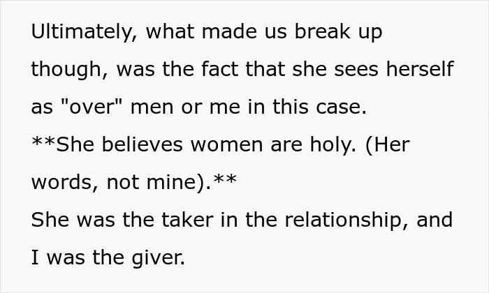 Text about a breakup, mentioning issues with relationship dynamics and perceived superiority. Text about a breakup, mentioning issues with relationship dynamics and perceived superiority.