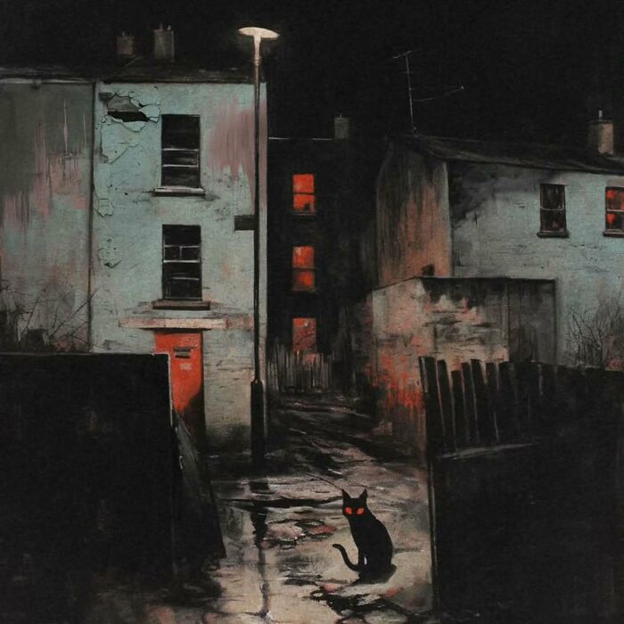 Eerie scenery painting with a cat in an industrial, folklore-inspired town at night.