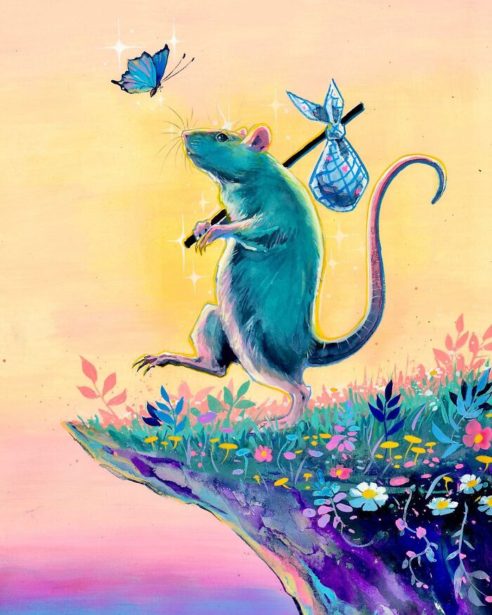 Dream-like painting of a rat balancing on a cliff with a bindle, under a colorful sky, chasing a butterfly.