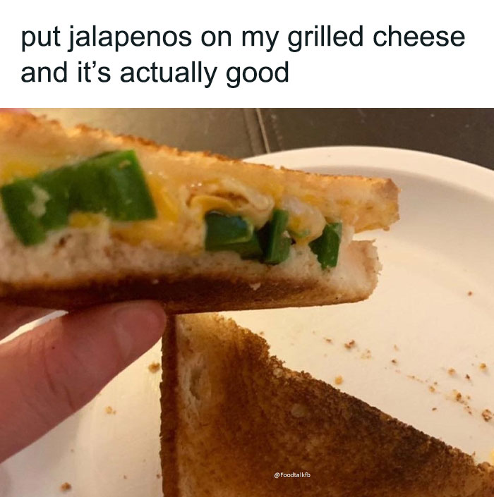 Grilled cheese with jalapenos on a plate, highlighting popular food-related meme trend.