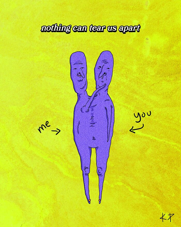 Funny illustration by 'Kissing Party' shows two joined figures labeled "me" and "you" on a yellow background.