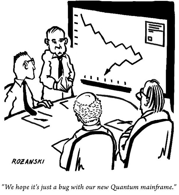 Cartoon with executives puzzled by a declining graph labeled as a "Quantum mainframe" bug.