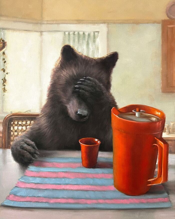 Anthropomorphic bear at a table with an orange coffee pot and cup, mimicking a human gesture.