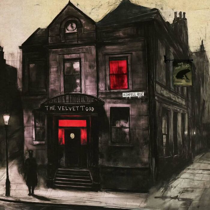 An eerie painting featuring an old building with red windows and a sign reading "The Velvet Toad," inspired by industrial decay.