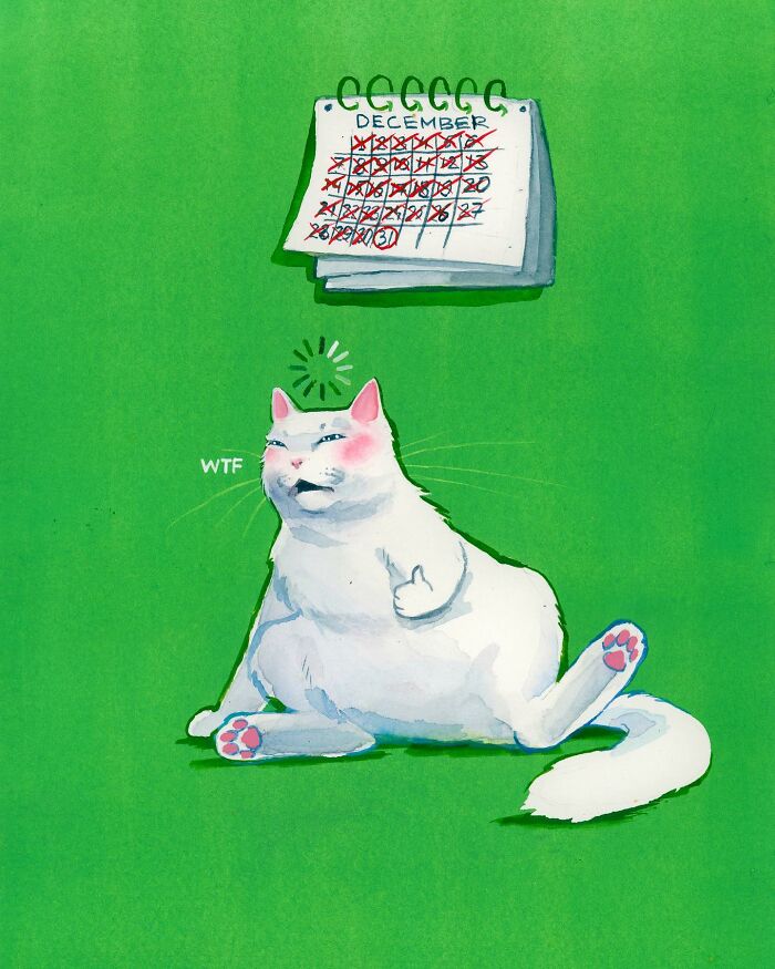 Dream-like painting of a confused cat sitting in front of a December calendar on green background.