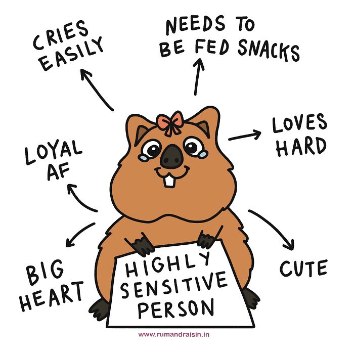 Illustration of a cute, highly sensitive animal with traits like "big heart" and "needs snacks," highlighting anxiety experiences.