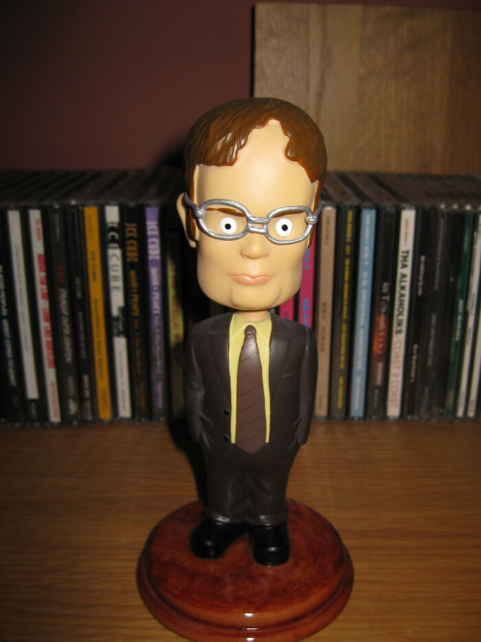 Bobblehead figure in a suit with glasses, placed on a wooden base, representing worst bonus given in a job.