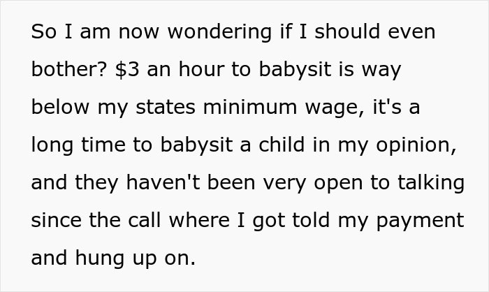 Text questioning babysitting for $3 an hour, noting it's below minimum wage and communication issues with family.