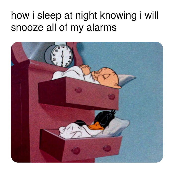 Characters sleeping in drawers with a clock above, evoking nostalgia for old cartoons.