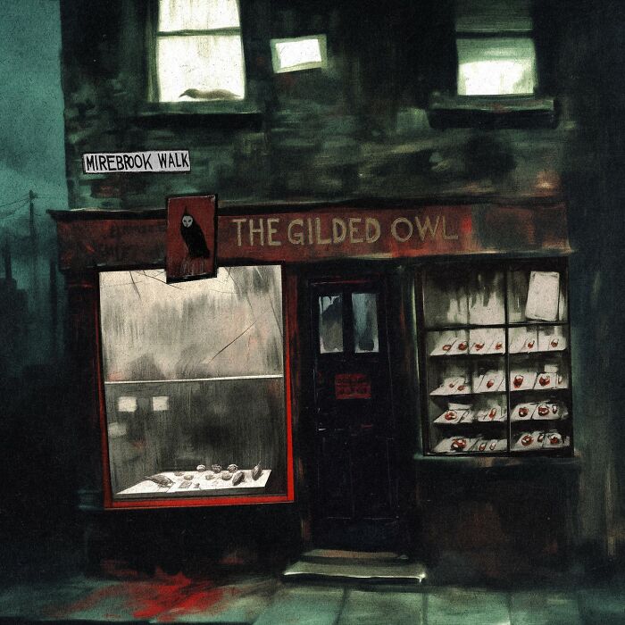 Eerie scenery of "The Gilded Owl" shop in a dimly lit street, reflecting industrial decay and folklore.