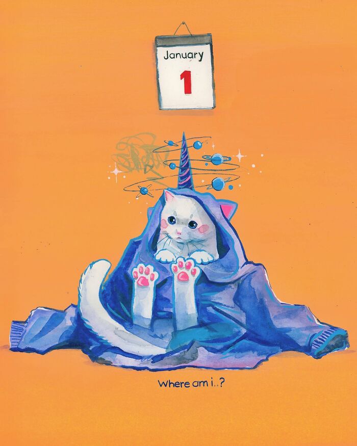 Playful painting of a cat wearing a unicorn horn, surrounded by planets, with a calendar showing January 1st.