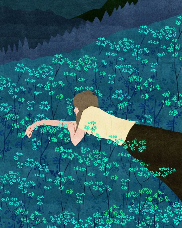 A serene illustration by a Vietnamese artist depicts a person lying among blue flowers, evoking solitude.