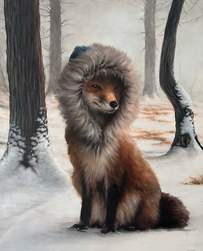 Anthropomorphic artwork of a fox in winter clothing, sitting in a snowy forest by Richard Ahnert.