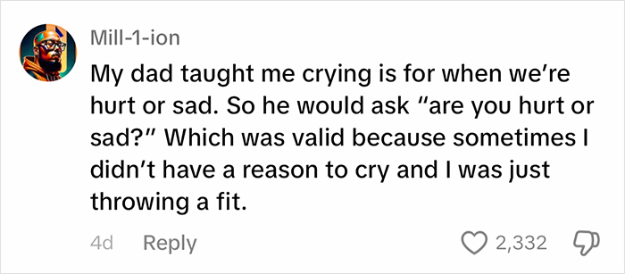 An online comment about parenting and emotions, focusing on guiding children through understanding crying and feelings. An online comment about parenting and emotions, focusing on guiding children through understanding crying and feelings.