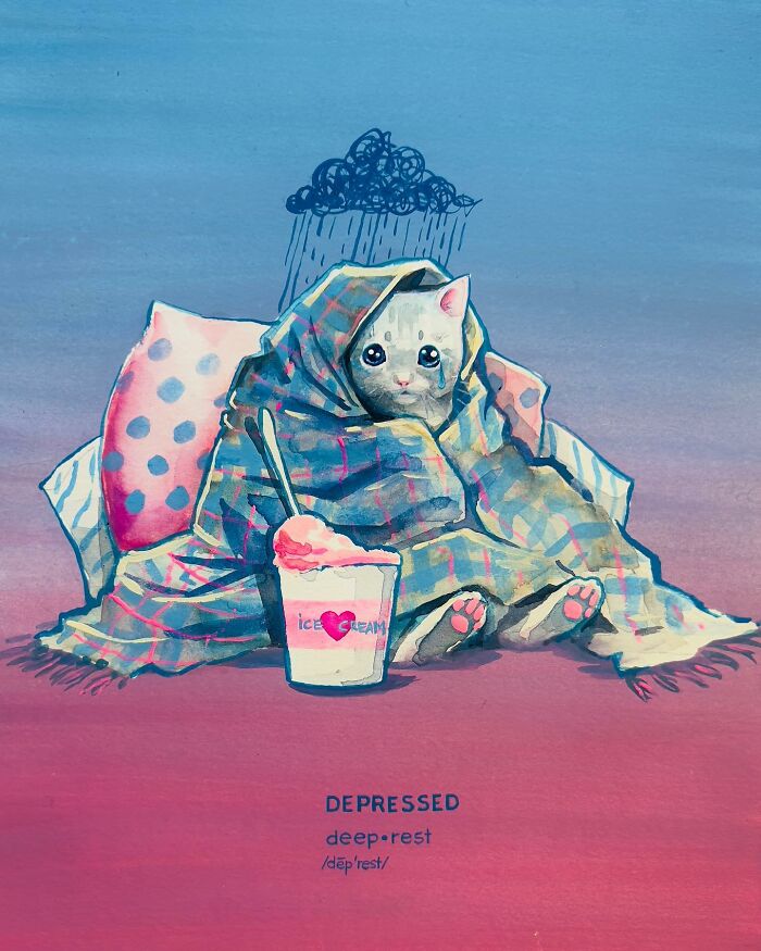 Dream-like painting of a sad cat wrapped in a blanket with ice cream, under a small rain cloud.