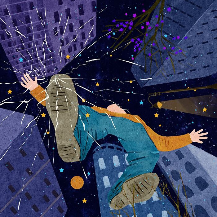 Illustration by Vietnamese artist shows a figure falling through a night cityscape with broken reflections.
