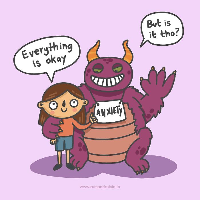 Cartoon of girl with anxiety monster, highlighting personal experiences with anxiety.