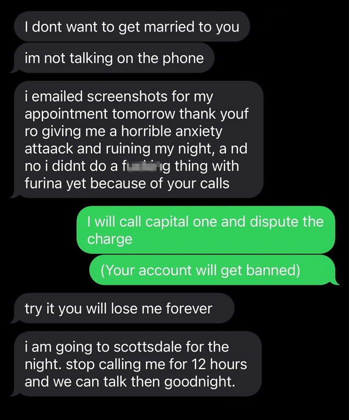 Text messages discussing a charge dispute and anxiety from unwanted calls.