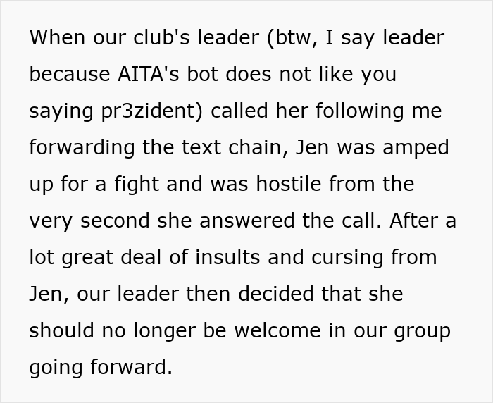 Text exchange leading to club expulsion after swindling at a gift exchange causes drama.