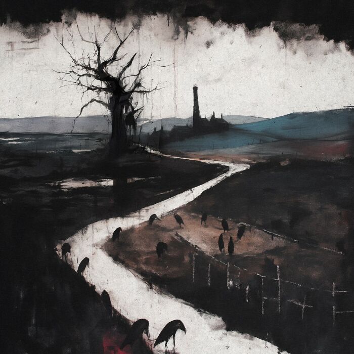 Eerie scenery painting with industrial decay, showing crows and a barren landscape under a dark sky.