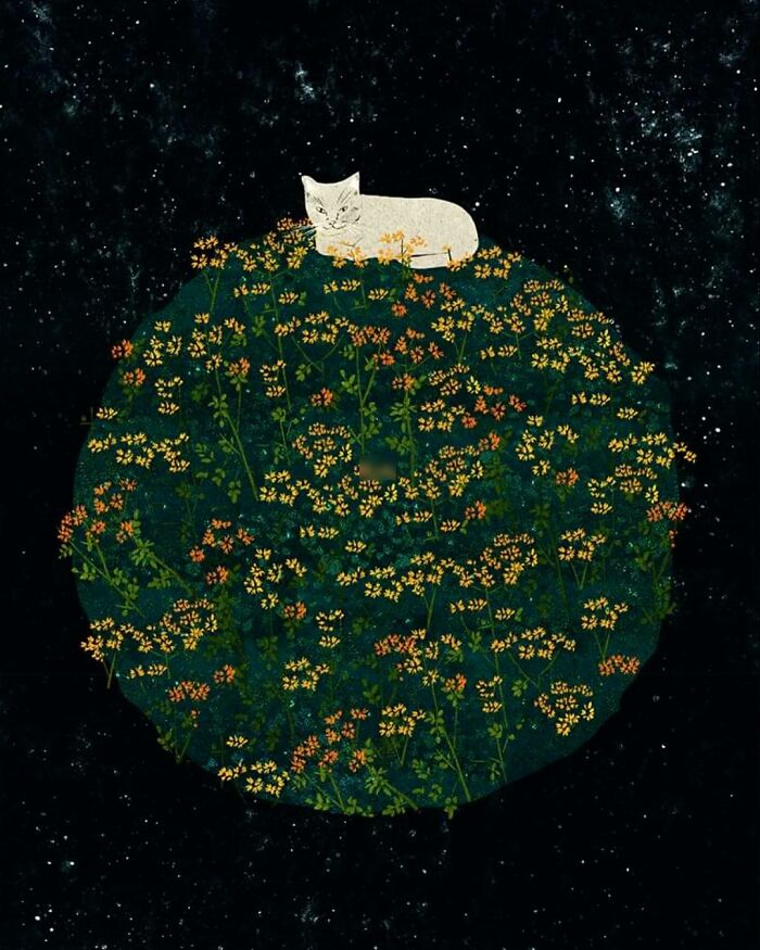 A serene illustration by a Vietnamese artist featuring a cat resting on a flowering globe against a starry sky.