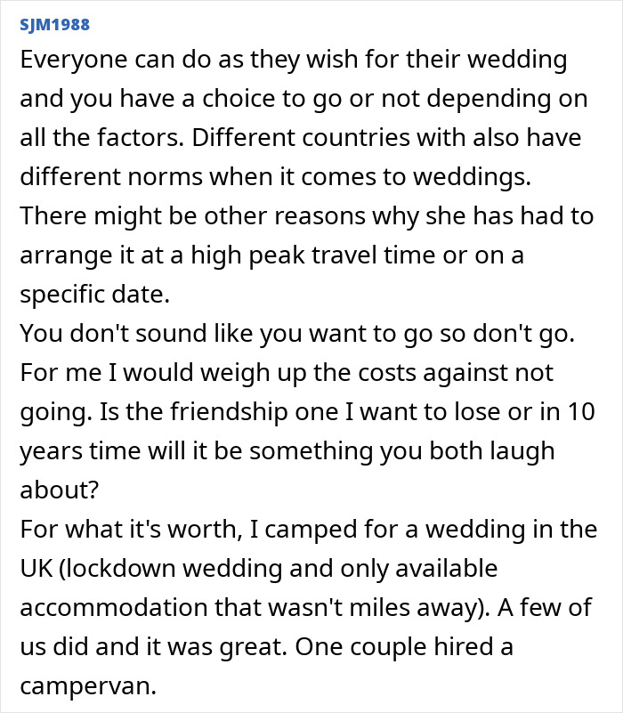 Discussion on wedding attendance, considering red flags; advice shared by user SJM1988 on attending a friend's wedding. Discussion on wedding attendance, considering red flags; advice shared by user SJM1988 on attending a friend's wedding.