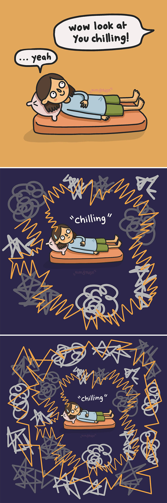 Illustration of a woman appearing calm on a mattress with chaotic scribbles symbolizing anxiety surrounding her.