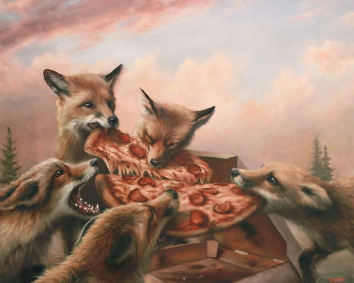 Anthropomorphic artwork of four foxes sharing a pizza, depicting animals acting like people.
