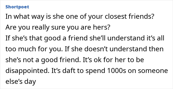 Text discussing red flags in a friendship related to a wedding, questioning loyalty and financial decisions. Text discussing red flags in a friendship related to a wedding, questioning loyalty and financial decisions.