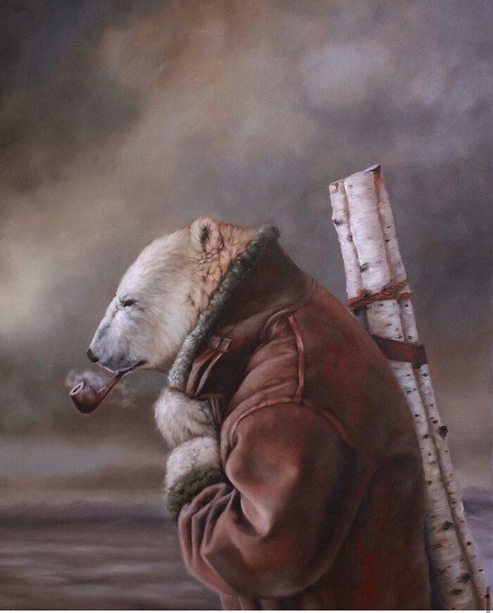 Anthropomorphic artwork of a bear in a coat with a pipe and birch logs, by Richard Ahnert.