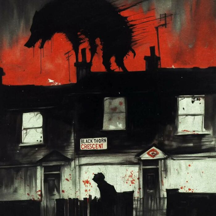Eerie scenery painting with an industrial decay theme, featuring a dark house and ominous red sky.