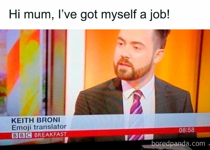 Man on BBC Breakfast, labeled as an emoji translator, illustrates a funny work meme.