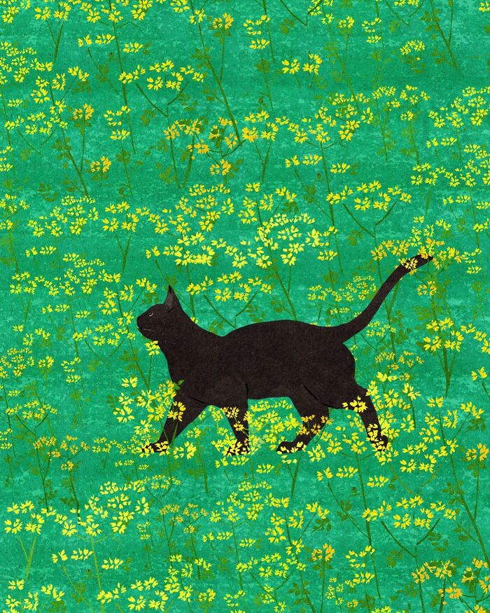 A serene illustration of a black cat walking through yellow flowers by a Vietnamese artist.