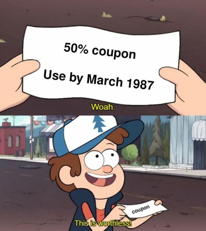 Cartoon character finding an expired coupon from 1987, stating it's worthless; example of literal memes.
