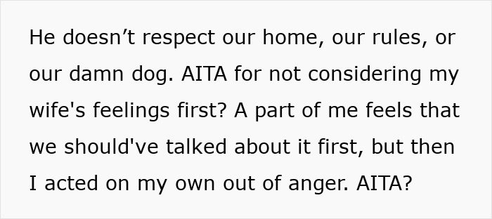 Text image discussing conflict about a disrespectful brother-in-law mooching, leading to a decision made in anger.