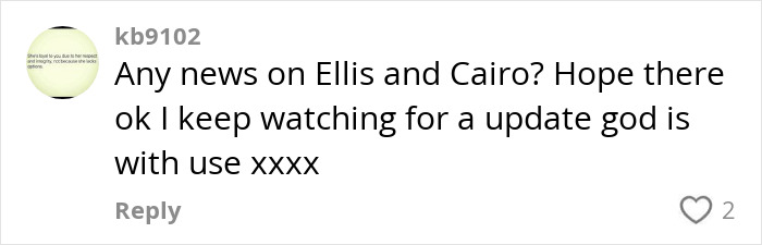 Comment discussing updates on Ellis and Cairo, related to viral "Mom On The Run" news.