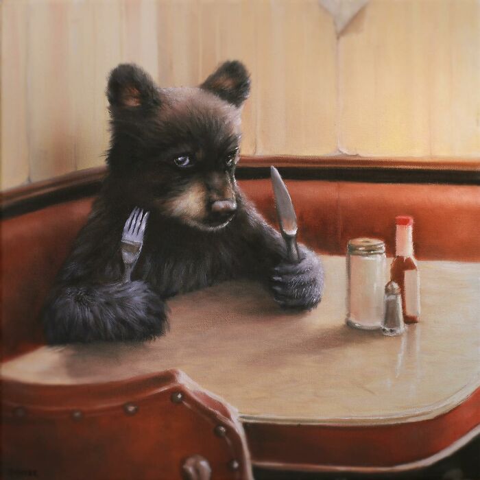 Bear sitting at a table, holding a fork and knife, showcasing anthropomorphic art by Richard Ahnert.