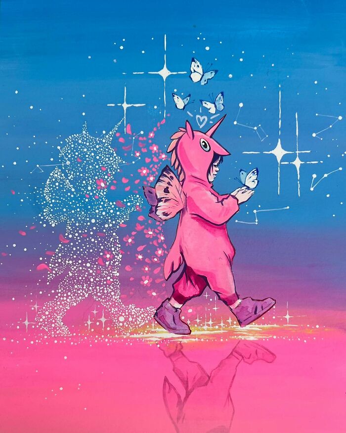 Dream-like painting of a child in a unicorn costume with butterflies and sparkles on a vibrant pink and blue background.