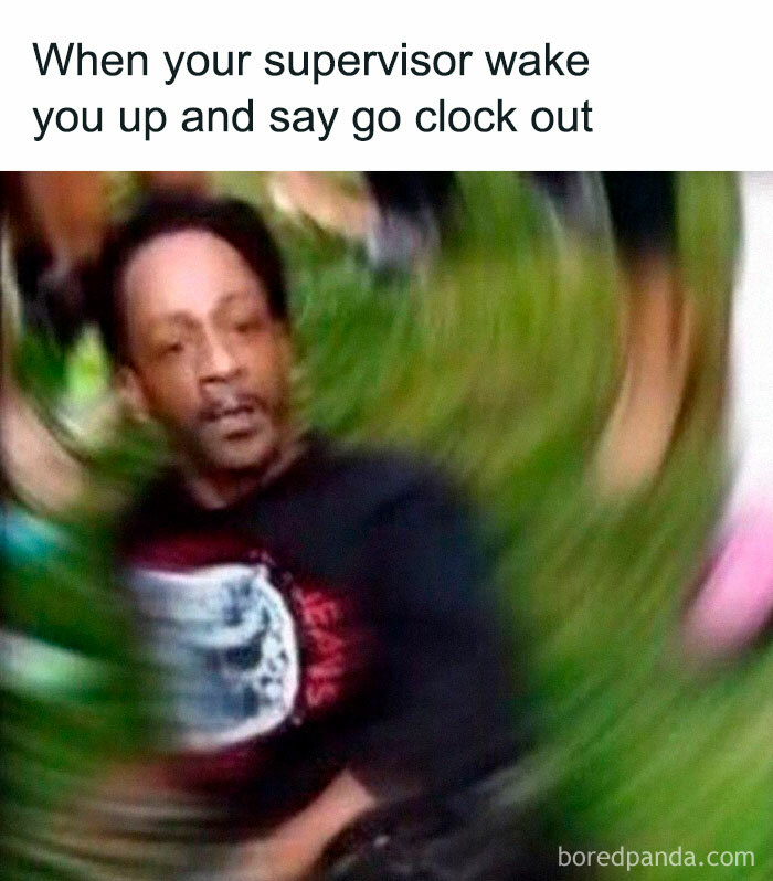 Confused person in a work meme, startled by a supervisor, highlighting the "work dungeon" theme.