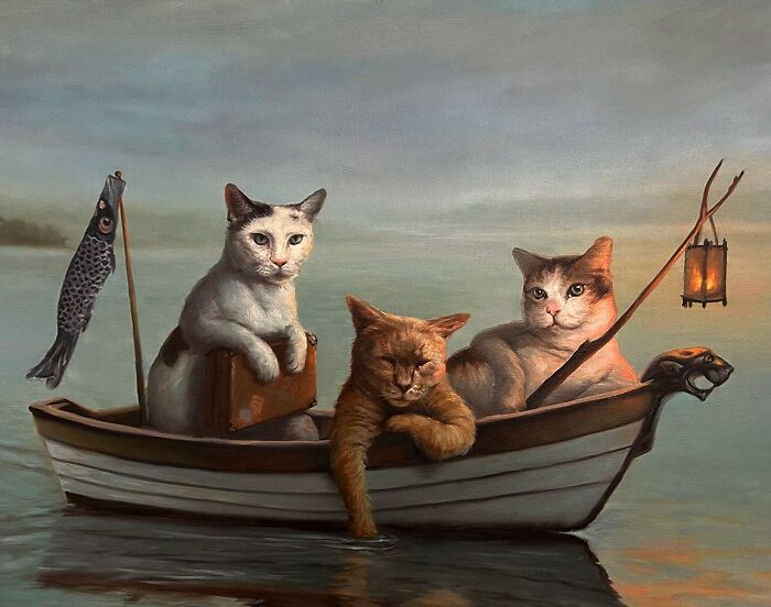 Anthropomorphic artwork of three cats sailing in a boat, one holding a suitcase, by Richard Ahnert.