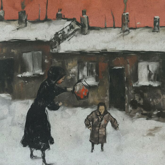 Eerie scenery painting of figures in snowy working-class town, with industrial buildings and red sky background.