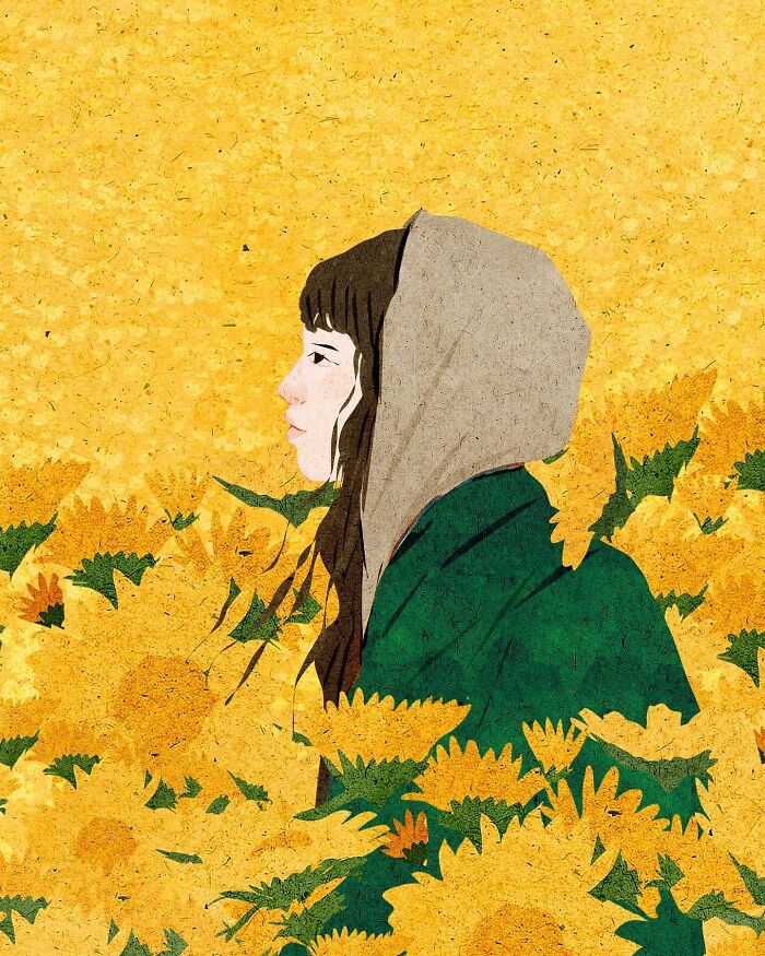 A serene illustration by a Vietnamese artist of a person in a field of yellow flowers, conveying solitude.