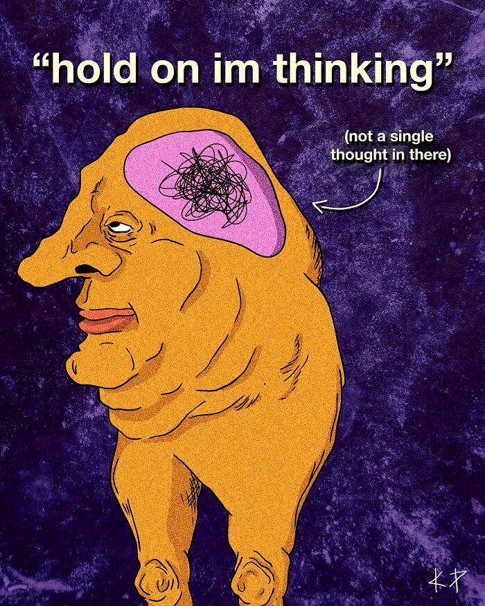 Surreal illustration of a brainless figure with text "hold on I'm thinking," by Kissing Party.