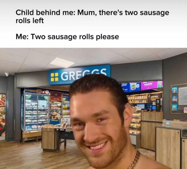Man smiling inside a Greggs store, highlighting Scottish humor with a sausage roll joke.