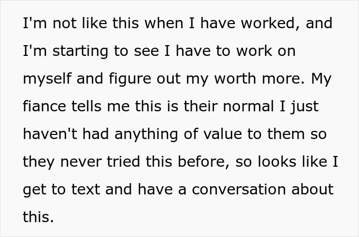 Text from a woman reflecting on self-worth and discussing family expectations.