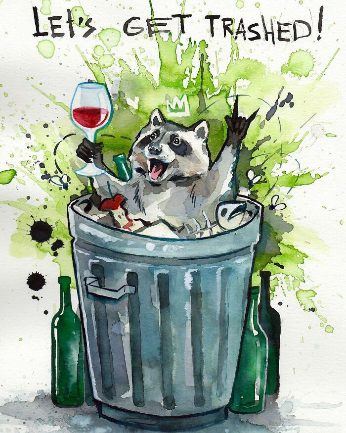 Raccoon in trash can holding wine glass, surrounded by bottles in playful dream-like painting.