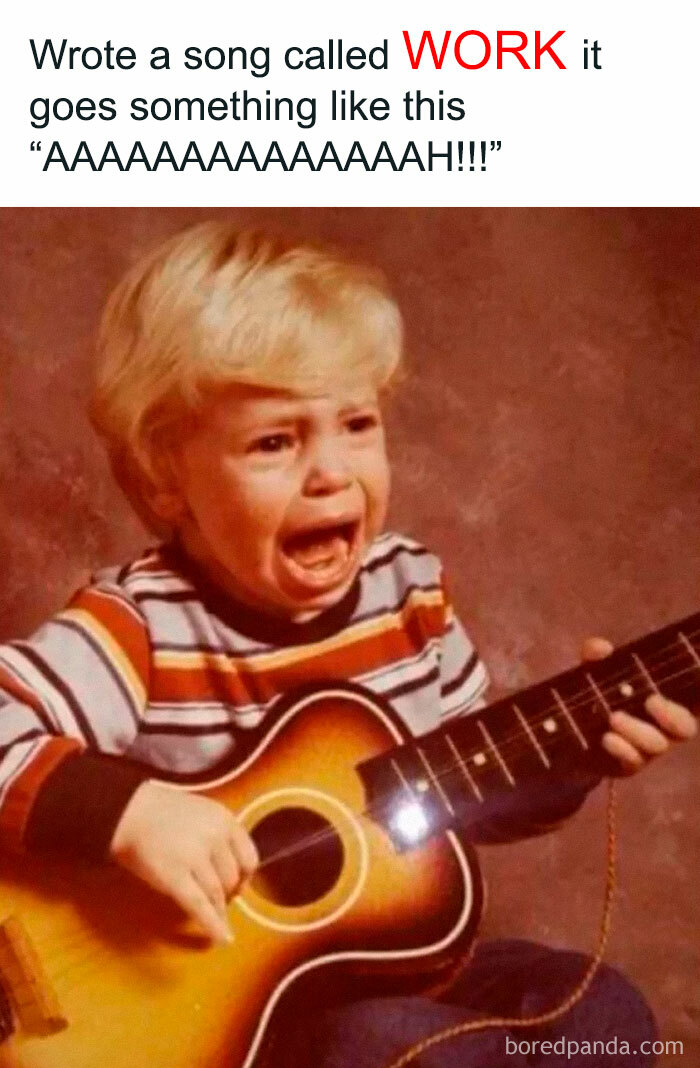 Child strumming guitar, screaming about work frustration with a funny caption.