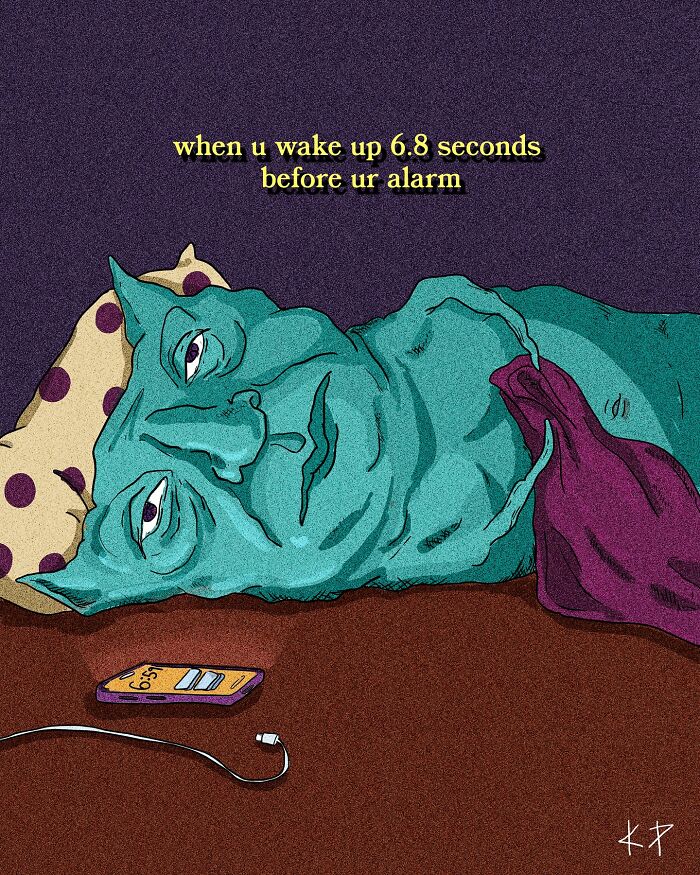 Uncomfortably funny illustration of a tired person awake moments before alarm, with a phone displaying the time 6:59.