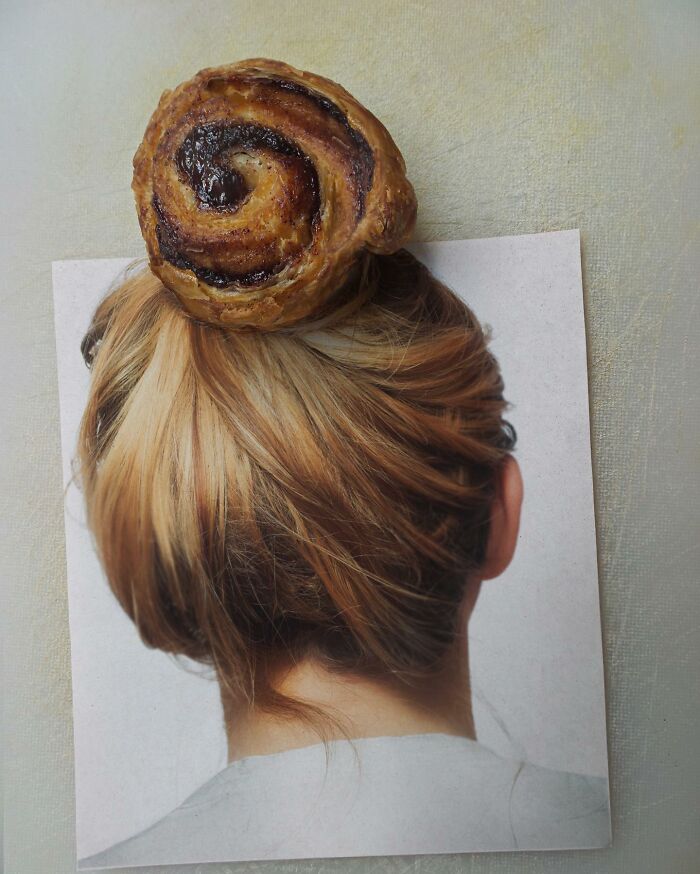 Cinnamon roll creatively placed to mimic a hair bun, showcasing the art of illusion in a playful fusion.
