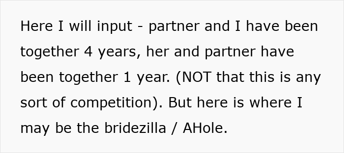 Text detailing differences in relationship durations, with mention of possible "bridezilla" behavior.